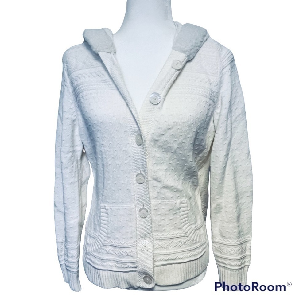 CHRISTOPHER & banks 100% cotton knitted off white hooded sweater